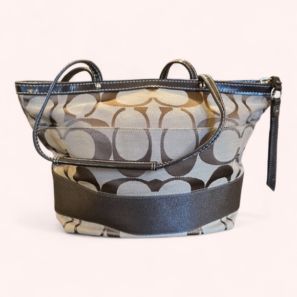 Coach Signature Stripe Tote F19046 Khaki Brown Canvas Leather Trim Purse Bag - Picture 8 of 14